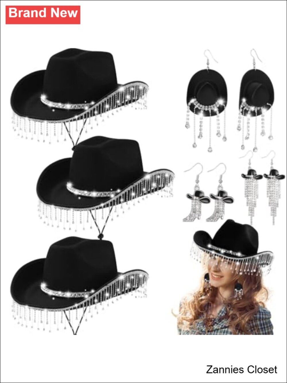 🤠 Rhinestone Cowboy Hat & Western Earring Set - 6 Pc Fringe Costume Accessories